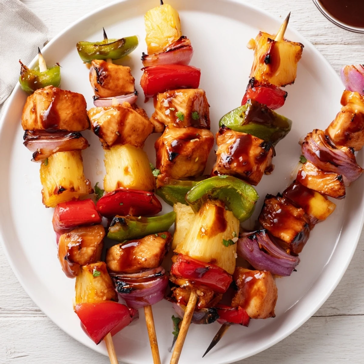 Skewered Bbq Pineapple Chicken Kabobs served over fluffy rice with smoky glaze  