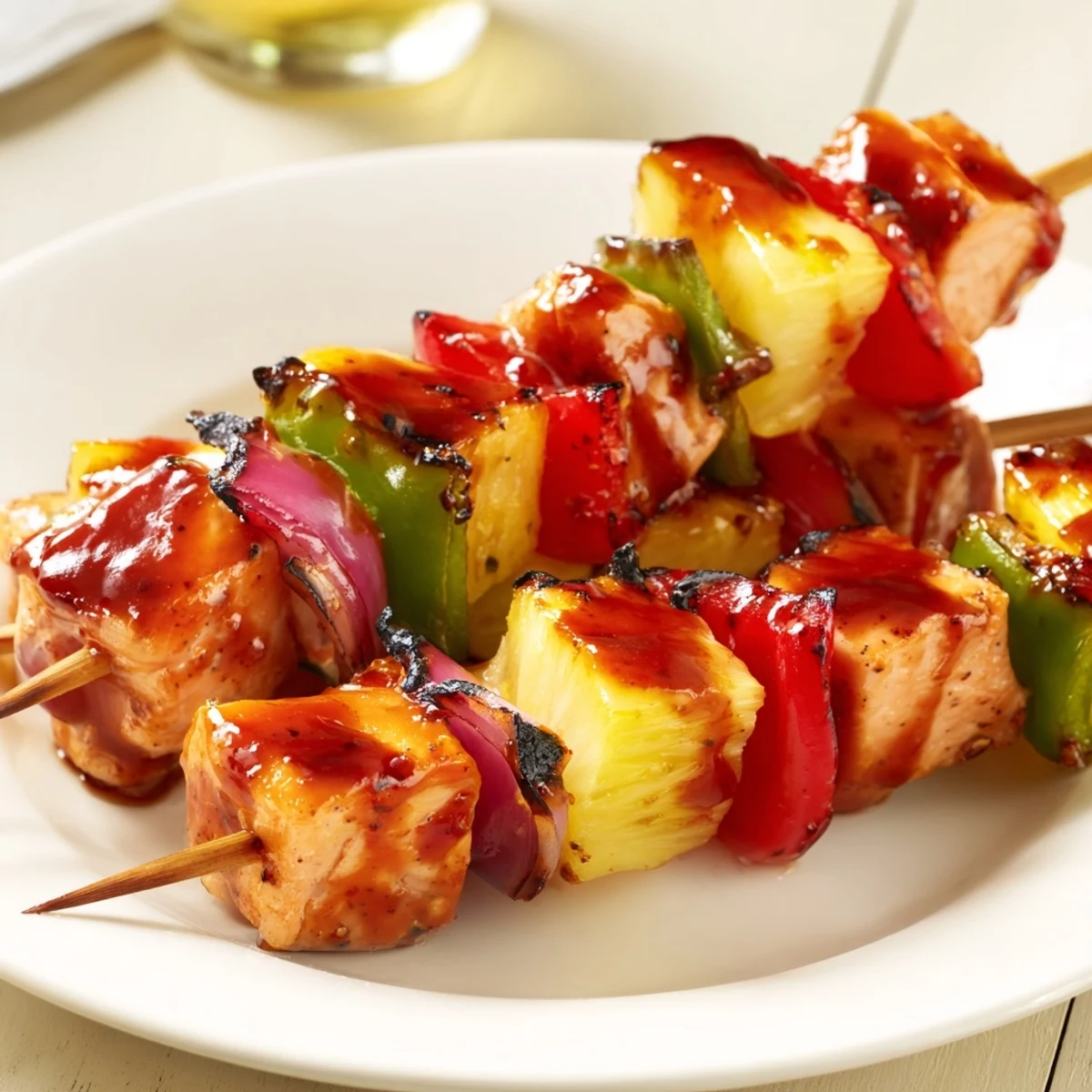 Juicy Bbq Pineapple Chicken Kabobs marinated, colorful peppers visible, ready to eat