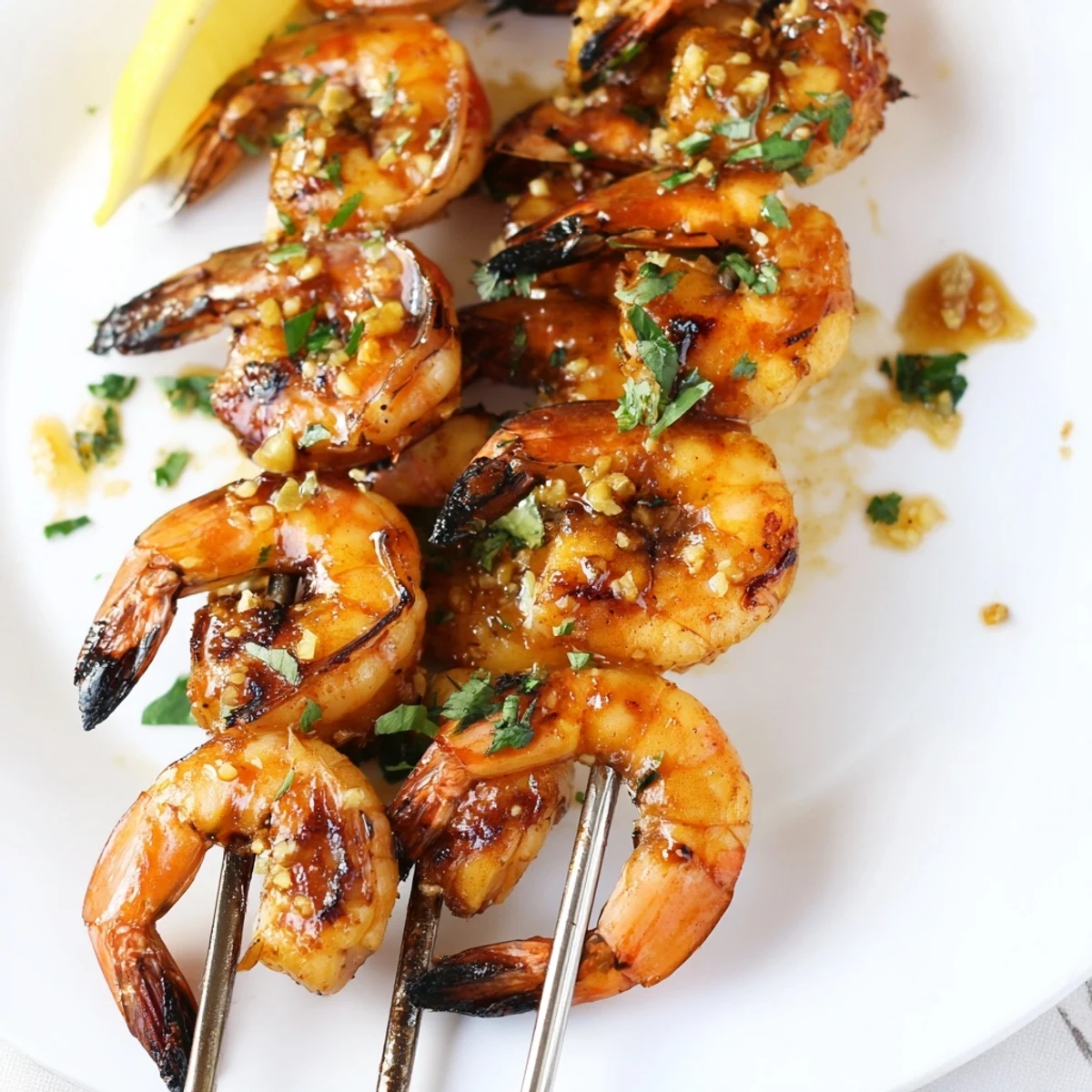 Marinated Grilled Shrimp sizzling with charred edges, lemon wedges and parsley.