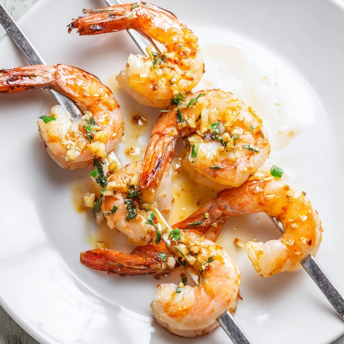 A plate of Marinated Grilled Shrimp atop rice, smoky garlic aroma.