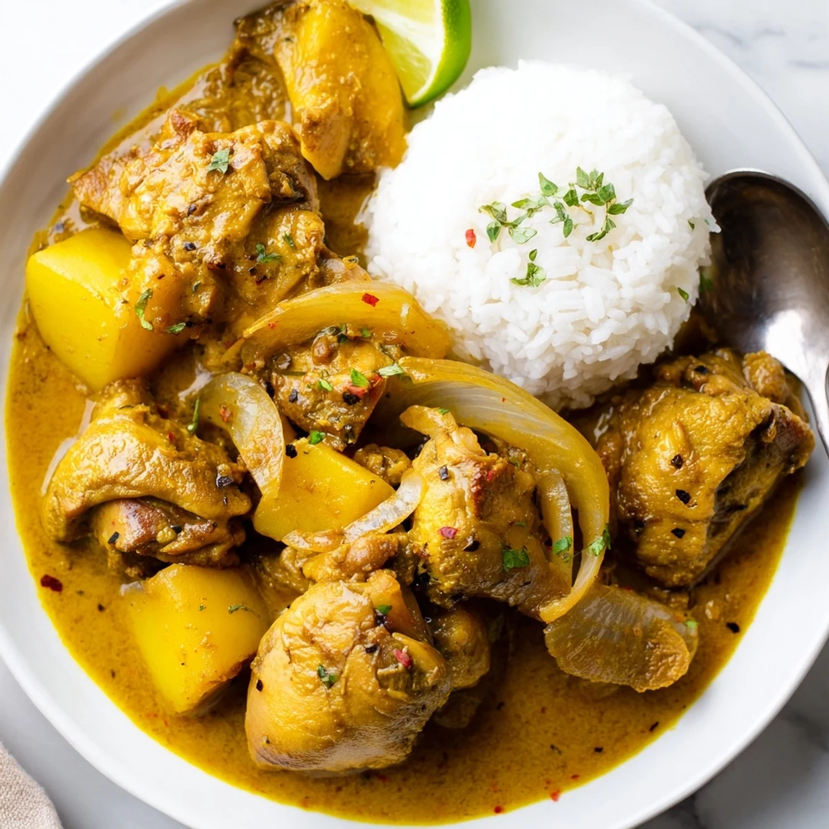 Steam rising from Irresistibly Tender Jamaican Curry Chicken, bright lime and thyme aromas.