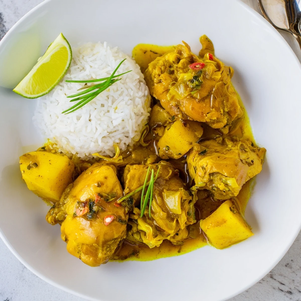 Irresistibly Tender Jamaican Curry Chicken simmering in coconut sauce, served over rice.