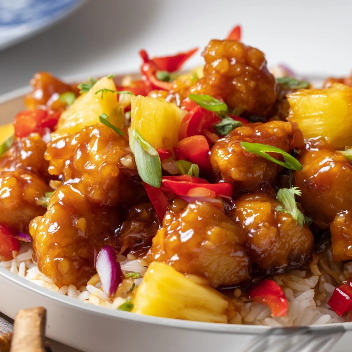 Tropical Sweet And Spicy Chicken Rice Delight with juicy pineapple and cilantro.