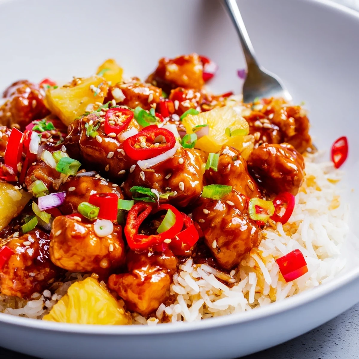 Bright Tropical Sweet And Spicy Chicken Rice Delight sizzling in wok, tangy heat.