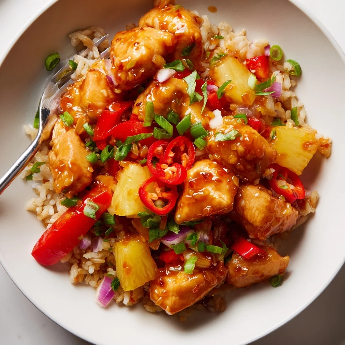 Warm Tropical Sweet And Spicy Chicken Rice Delight garnished with cilantro and lime.
