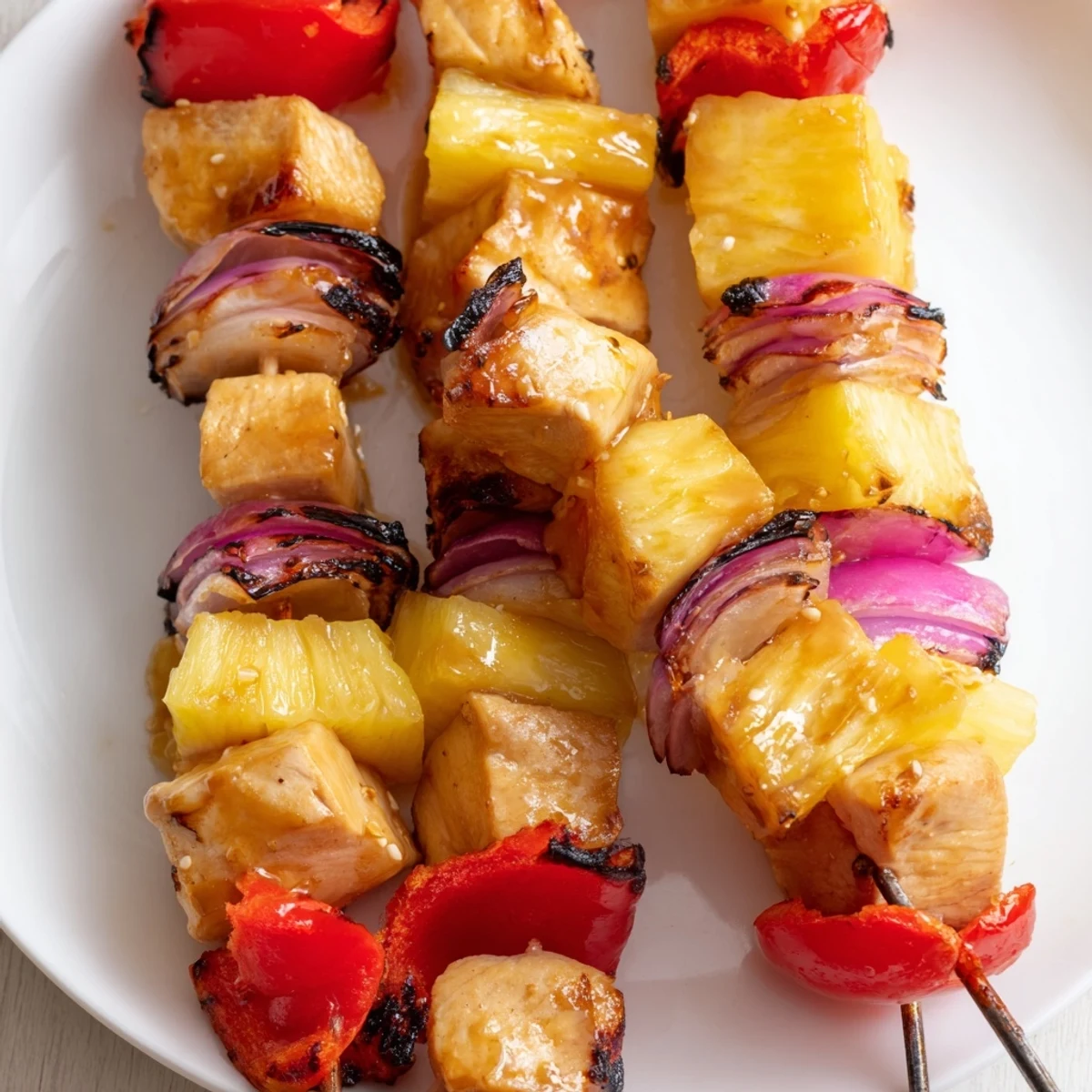 Pineapple Chicken Kabobs sizzling on grill with charred edges, juicy pineapple.