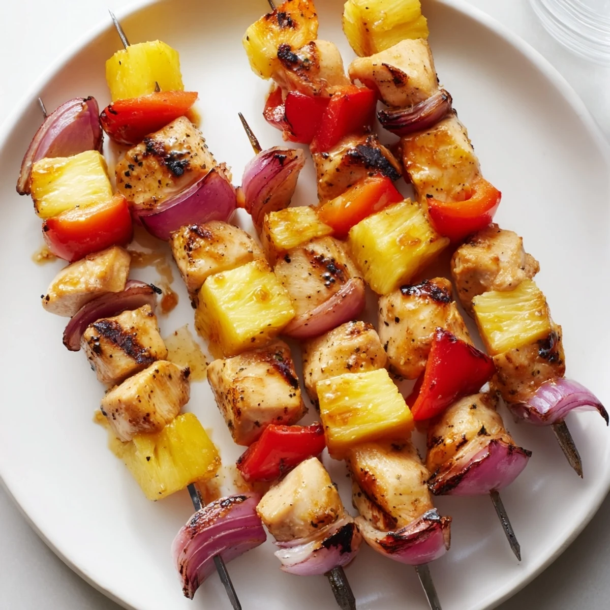 Grilled Pineapple Chicken Kabobs threaded with red pepper and caramelized onion.