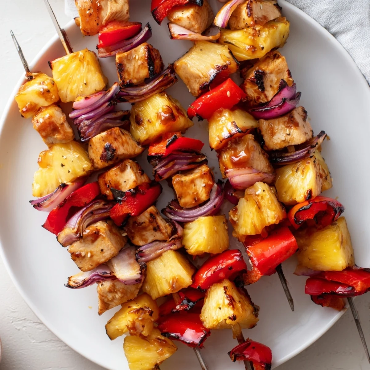 Tender Pineapple Chicken Kabobs served warm over coconut rice, lime wedges.