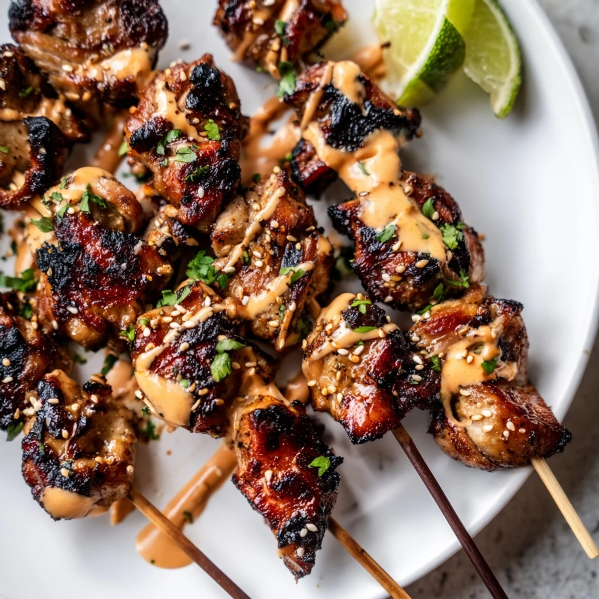 Grilled Bang Bang Chicken Skewers glistening with creamy spicy-sweet sauce, cilantro.