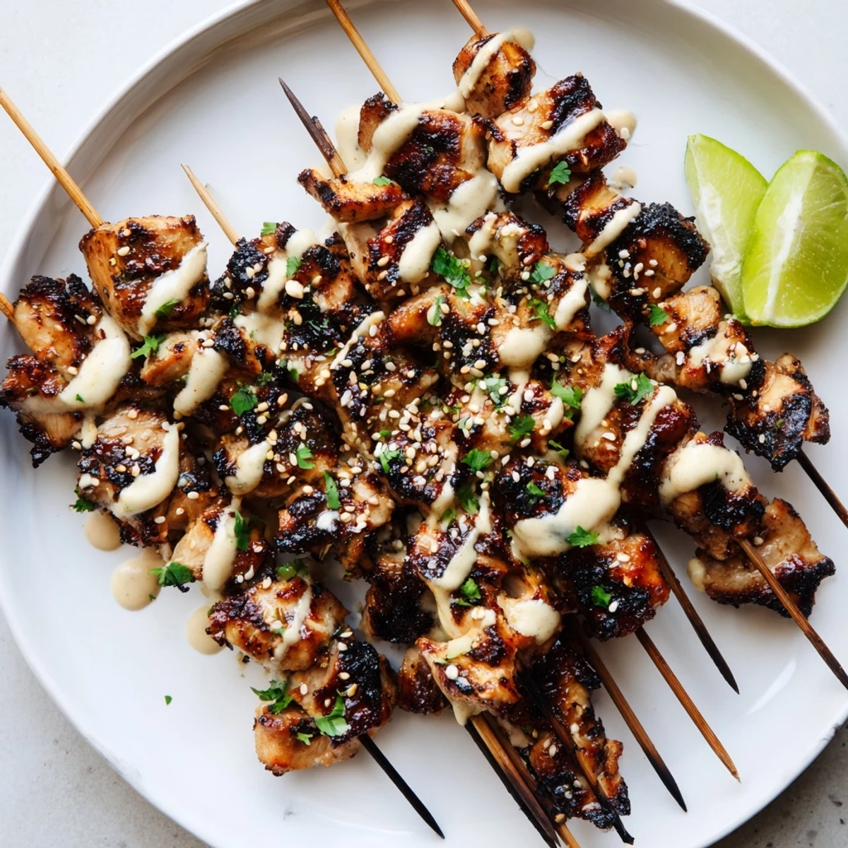 Charred Bang Bang Chicken Skewers served on platter with lime wedges, sesame.