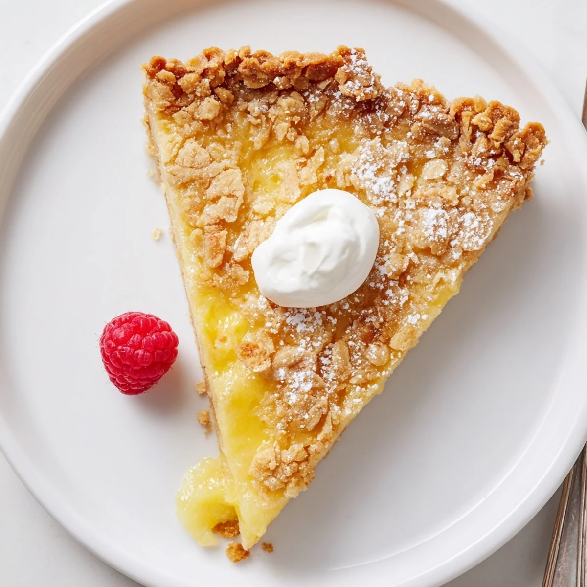Slice of Milk Bar Crack Pie dusted with powdered sugar, whipped cream.