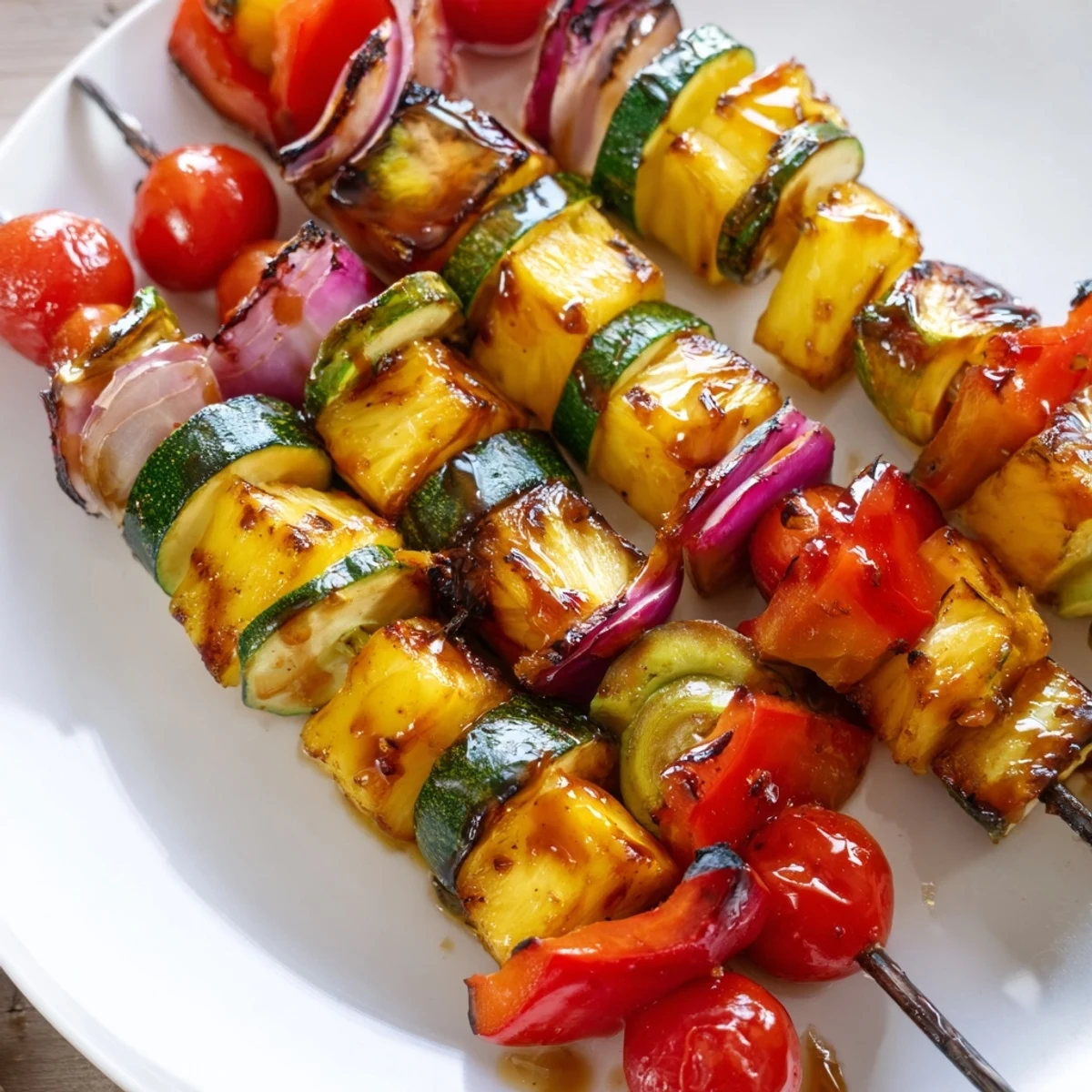 Pineapple Vegetable Skewers glistening with charred edges, served steaming over rice