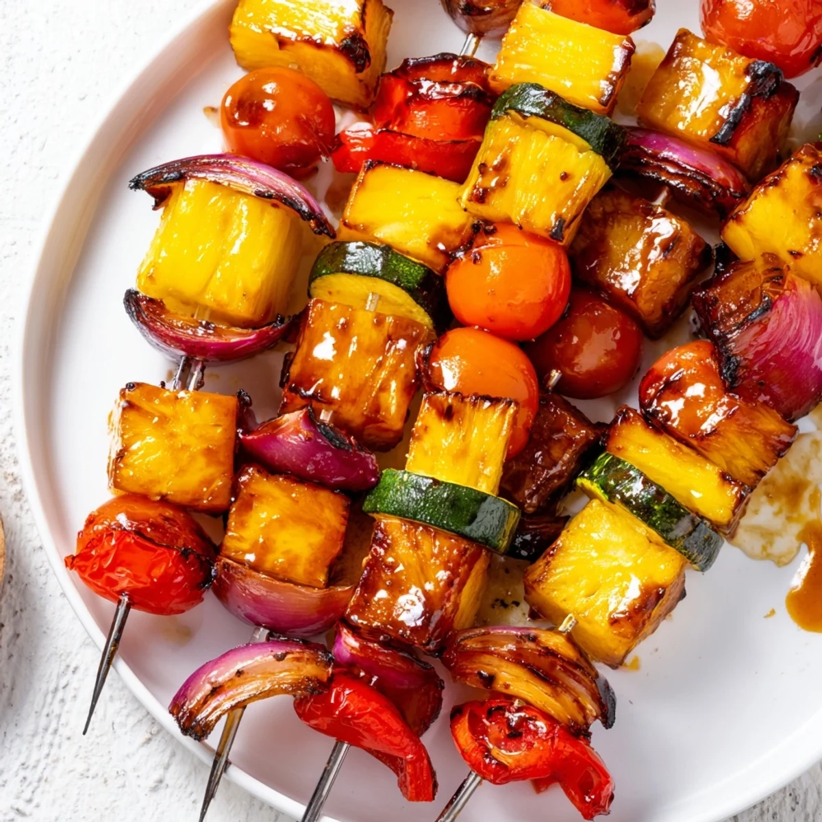 Colorful Pineapple Vegetable Skewers threaded with peppers and zucchini, perfect summer side