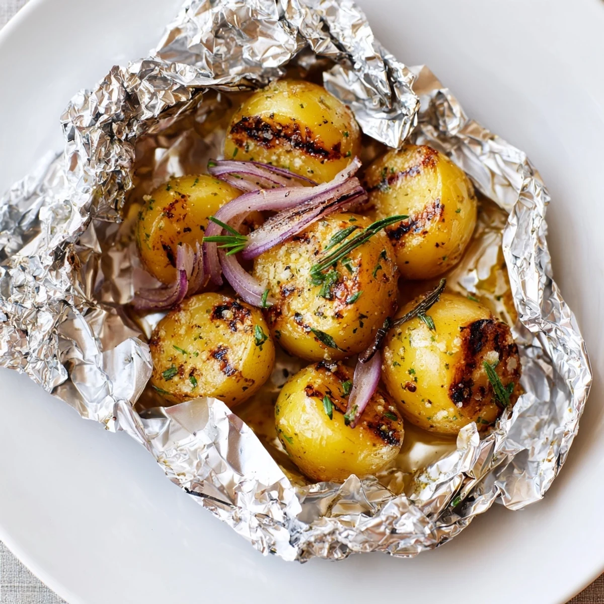 Charred and buttery Herb Seasoned Grilled Potatoes In Foil, served hot  