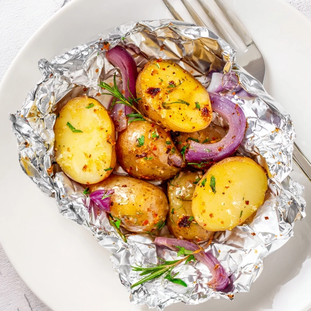 Herb Seasoned Grilled Potatoes In Foil steaming, fragrant herbs, charred grill marks  