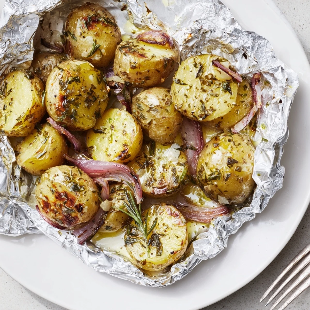 Roasted garlic aroma in Herb Seasoned Grilled Potatoes In Foil, perfect alongside steak