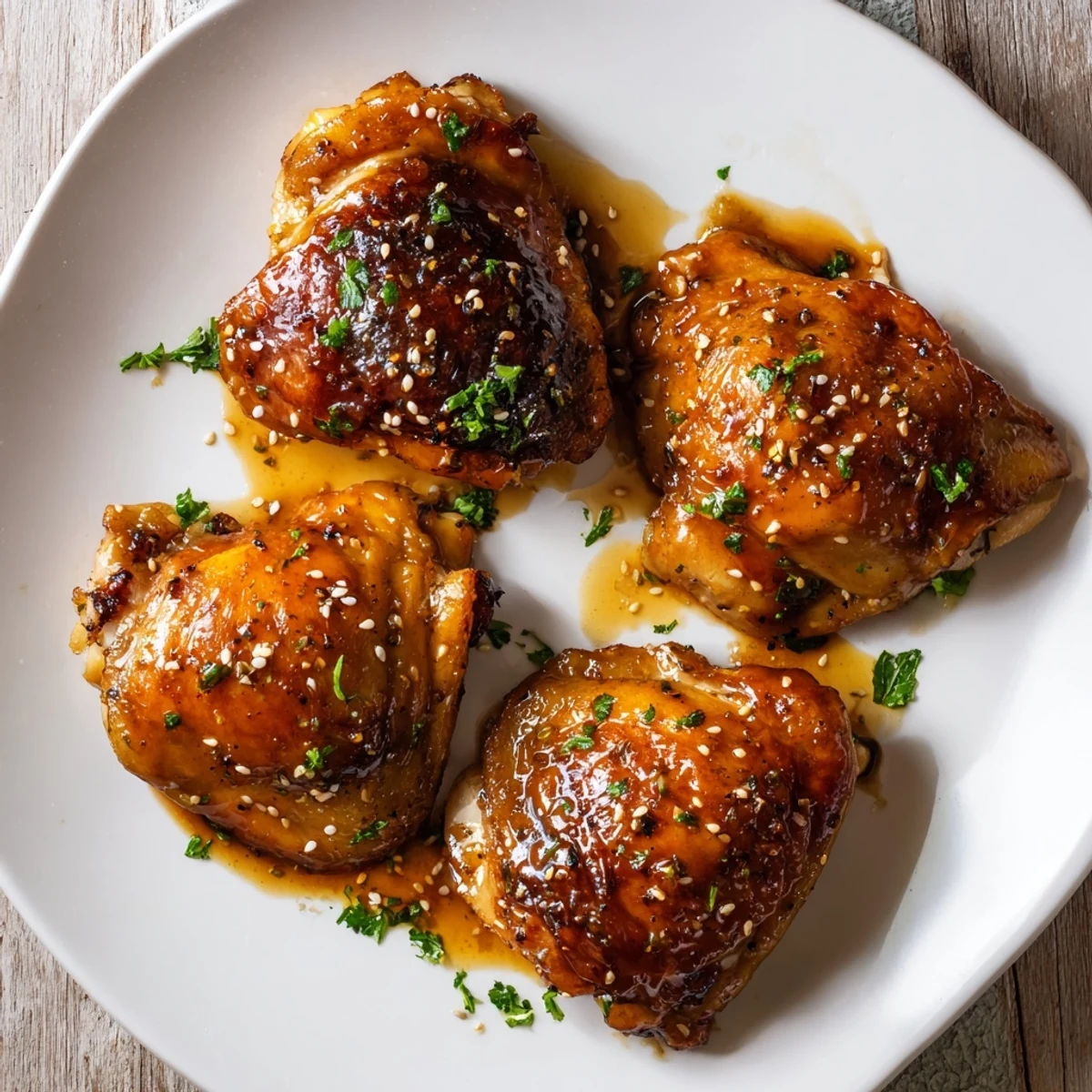 Sweet And Sticky Honey Butter Chicken Thighs glistening with caramelized garlic-butter glaze