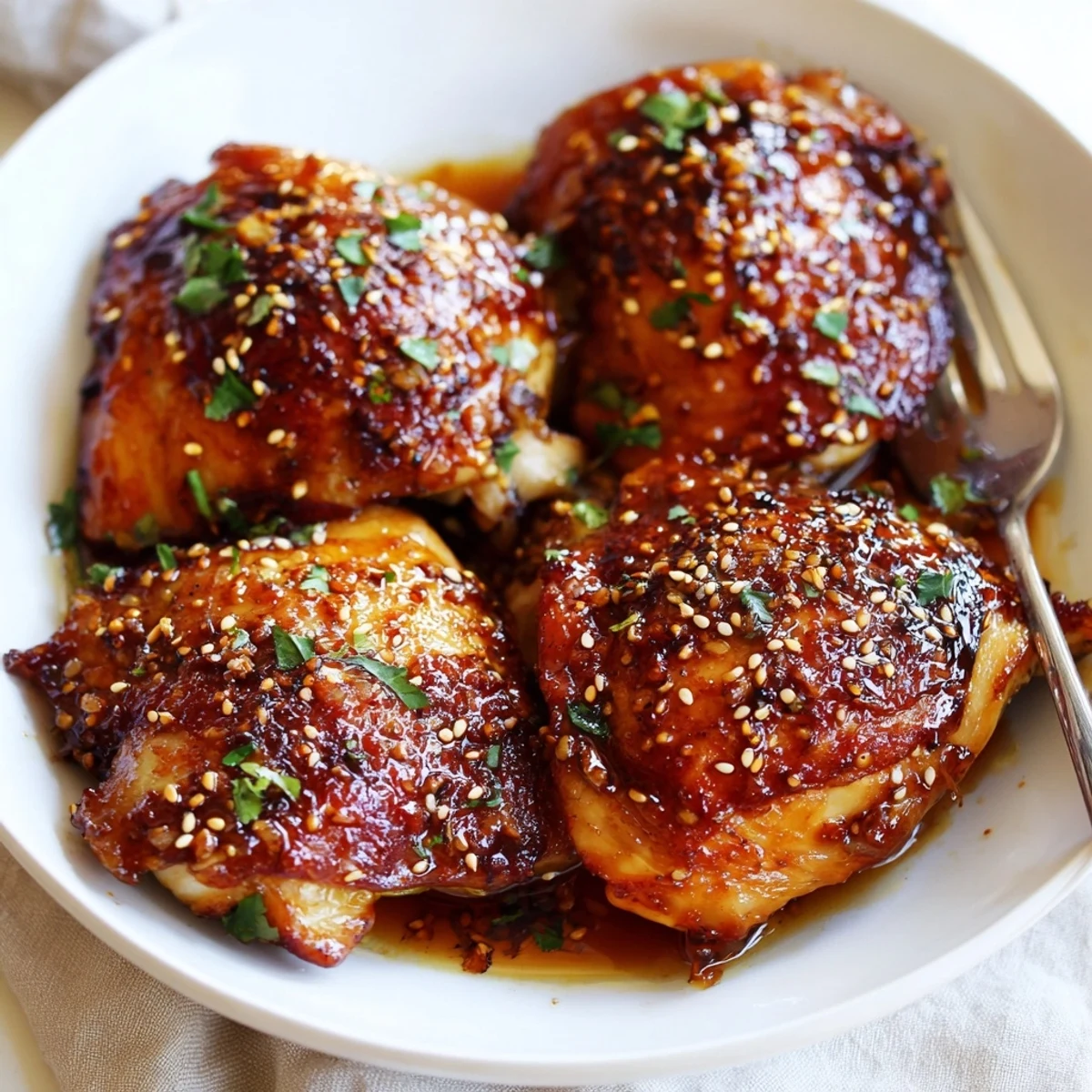 Roasted to crisp perfection, Sweet And Sticky Honey Butter Chicken Thighs topped with parsley