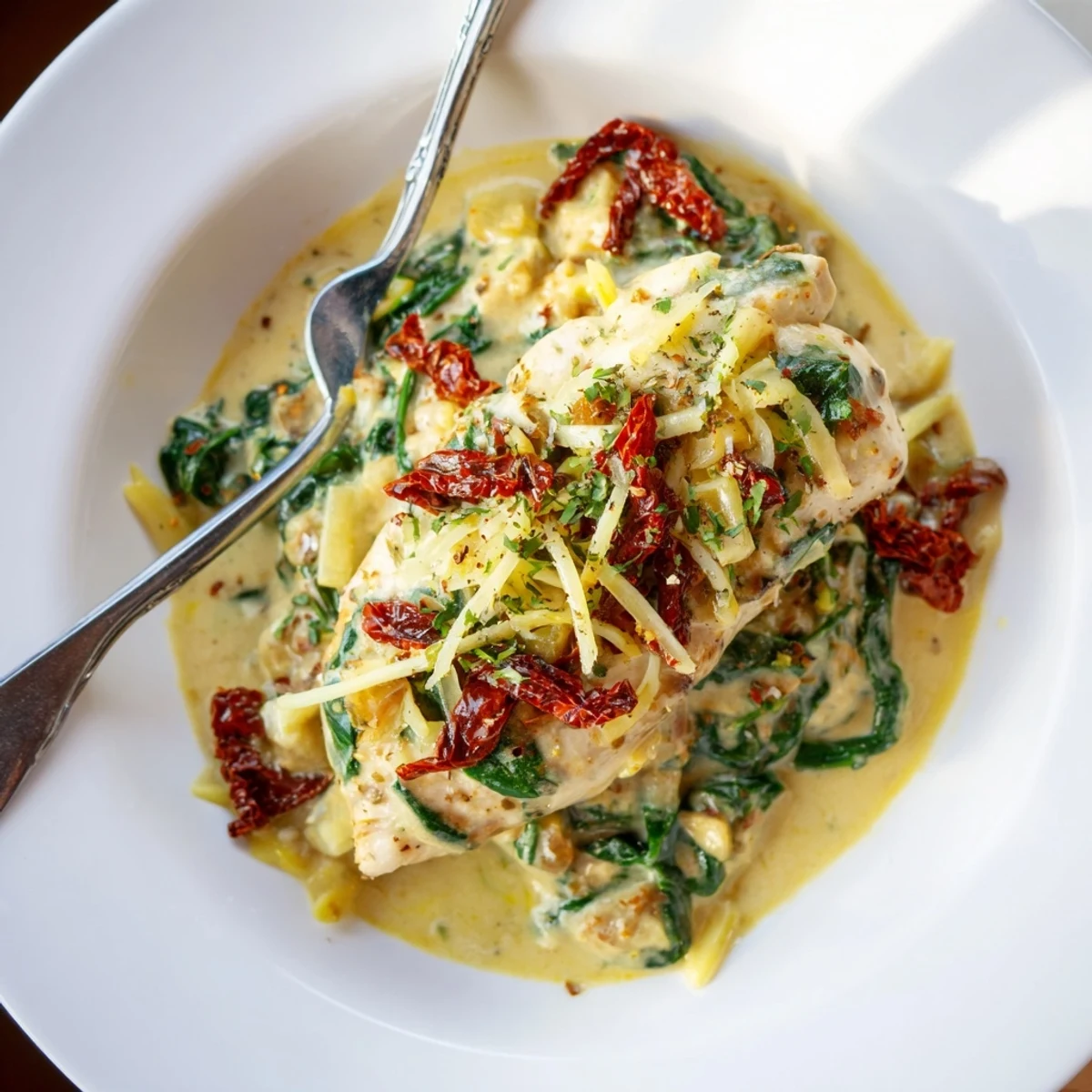 Slow Cooker Tuscan Chicken with creamy sauce, wilted spinach and tomatoes.