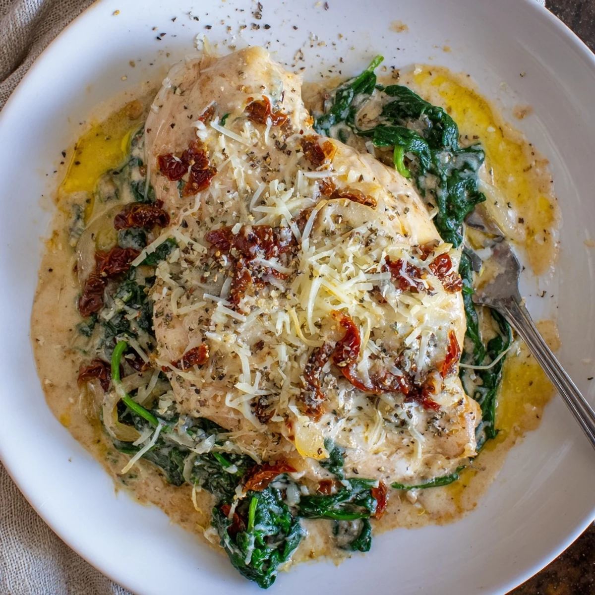 Spoonful of creamy sauce over Slow Cooker Tuscan Chicken served with mashed potatoes.