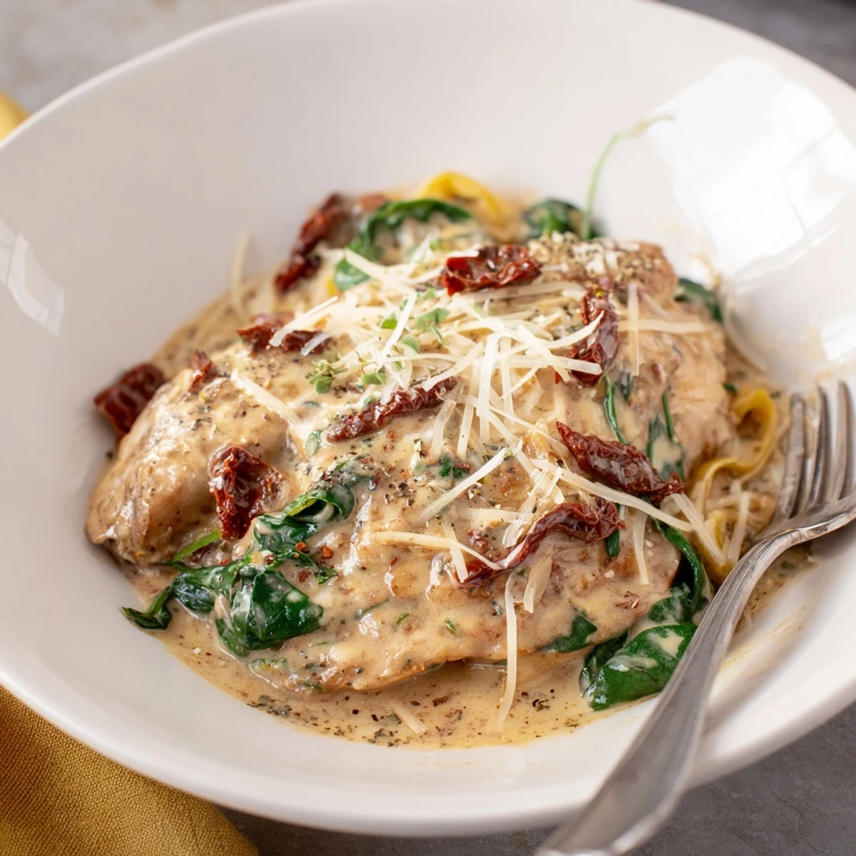 Tender, sun dried tomatoes and wilted spinach in sauce over Slow Cooker Tuscan Chicken.
