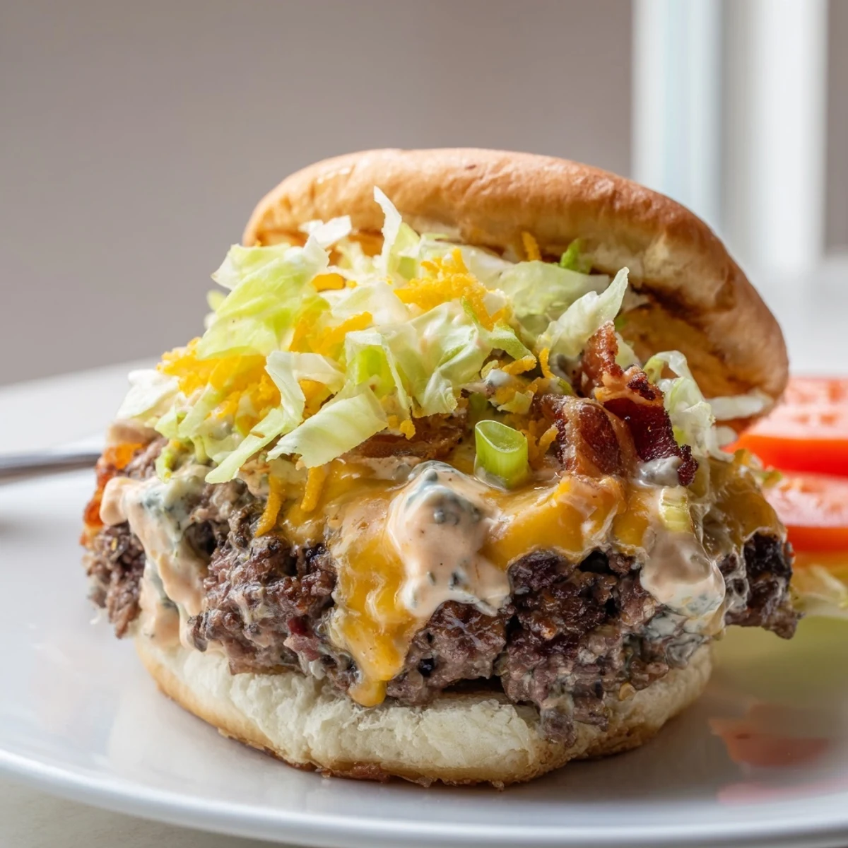 Plate of Irresistible Crack Burgers beside golden fries, smoky sauce oozing