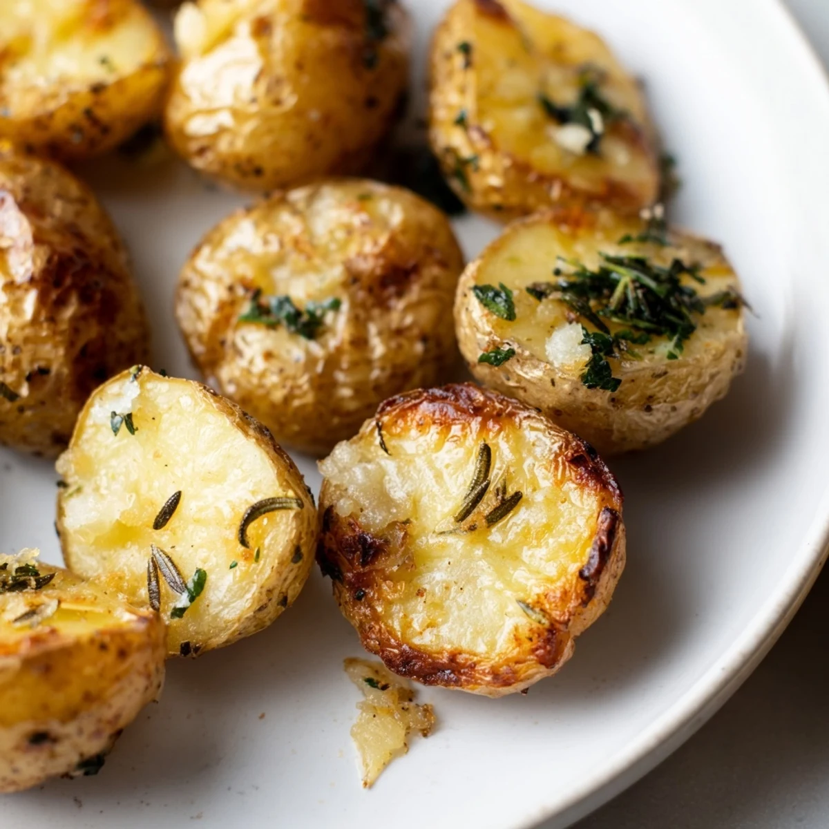 Crispy Oven Roasted Baby Potatoes glistening golden, herb-scented, served hot.  