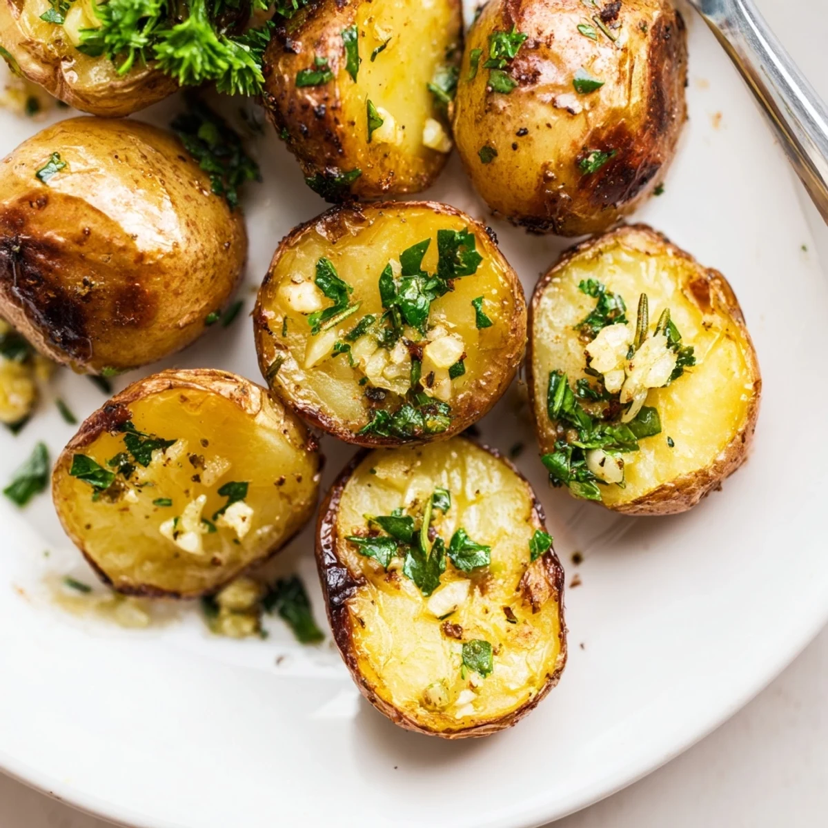A bowl of Crispy Oven Roasted Baby Potatoes, garlic-kissed, crispy edges.  