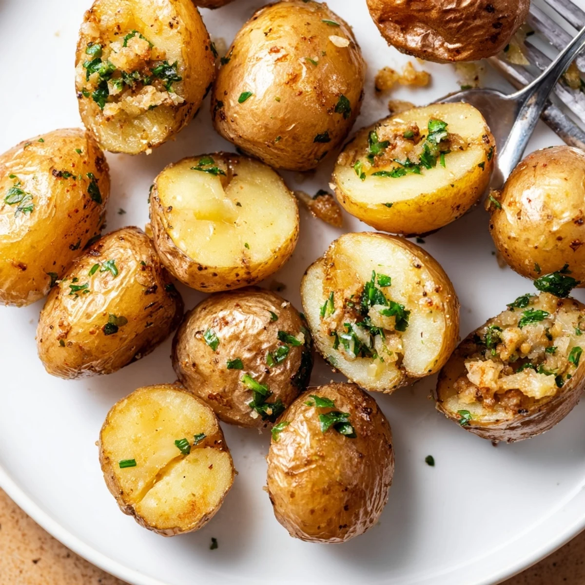 Serve Crispy Oven Roasted Baby Potatoes with lemon squeeze and parsley garnish.