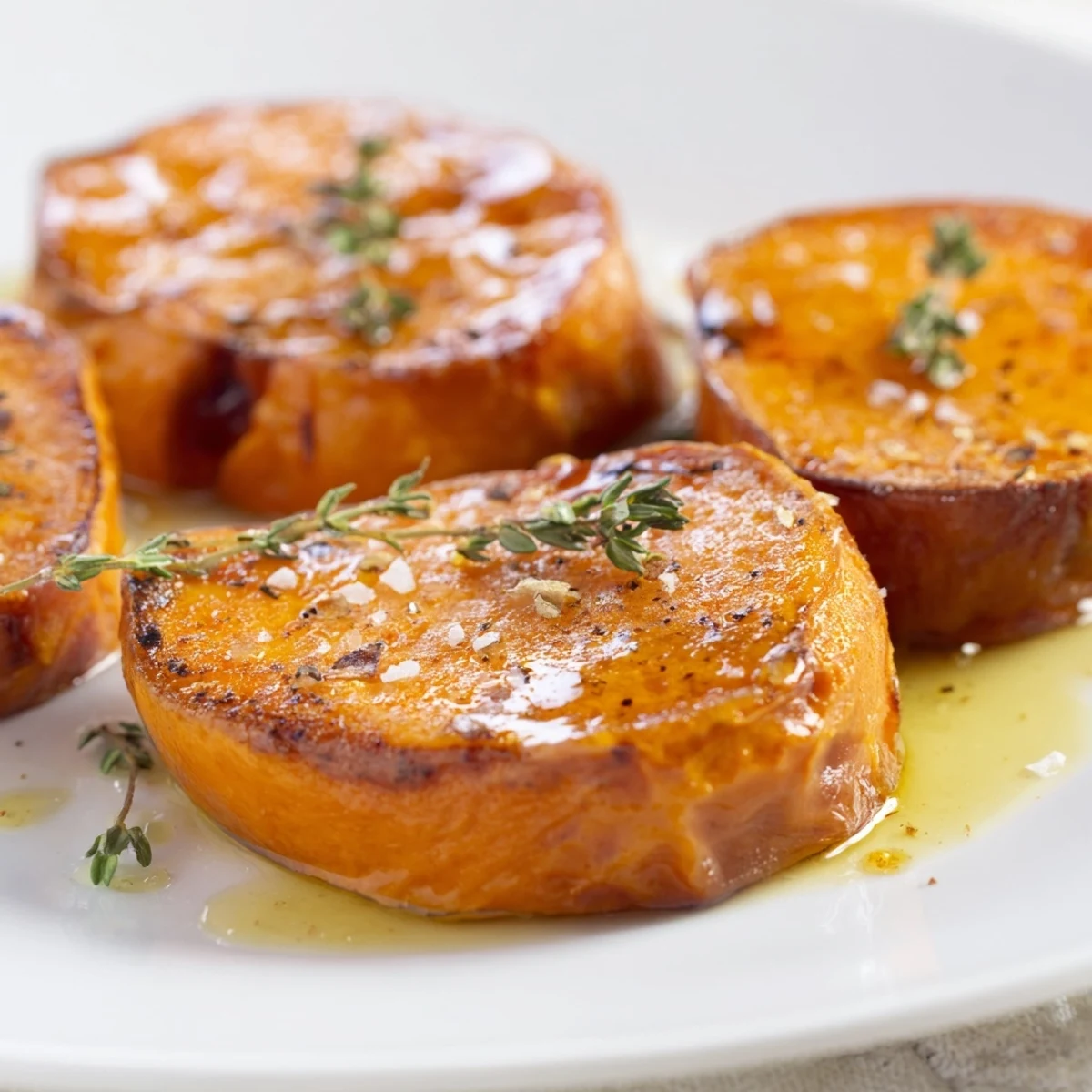 Warm Honey Drizzled Roasted Sweet Potato Medallions served as savory-sweet side dish