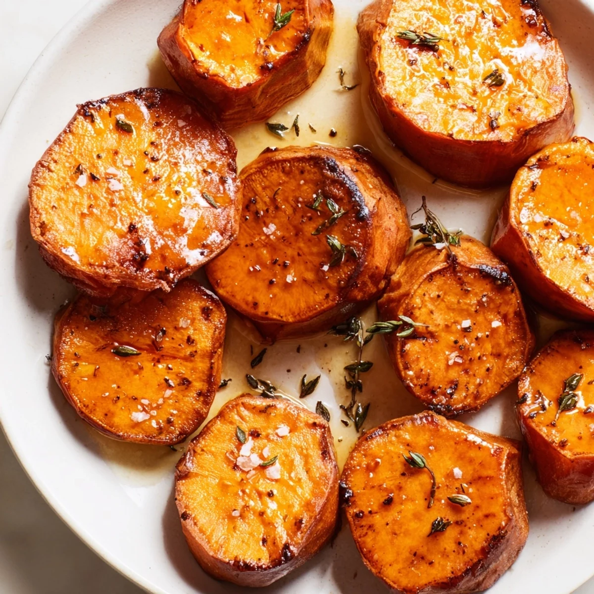 Honey Drizzled Roasted Sweet Potato Medallions glistening with olive oil and thyme