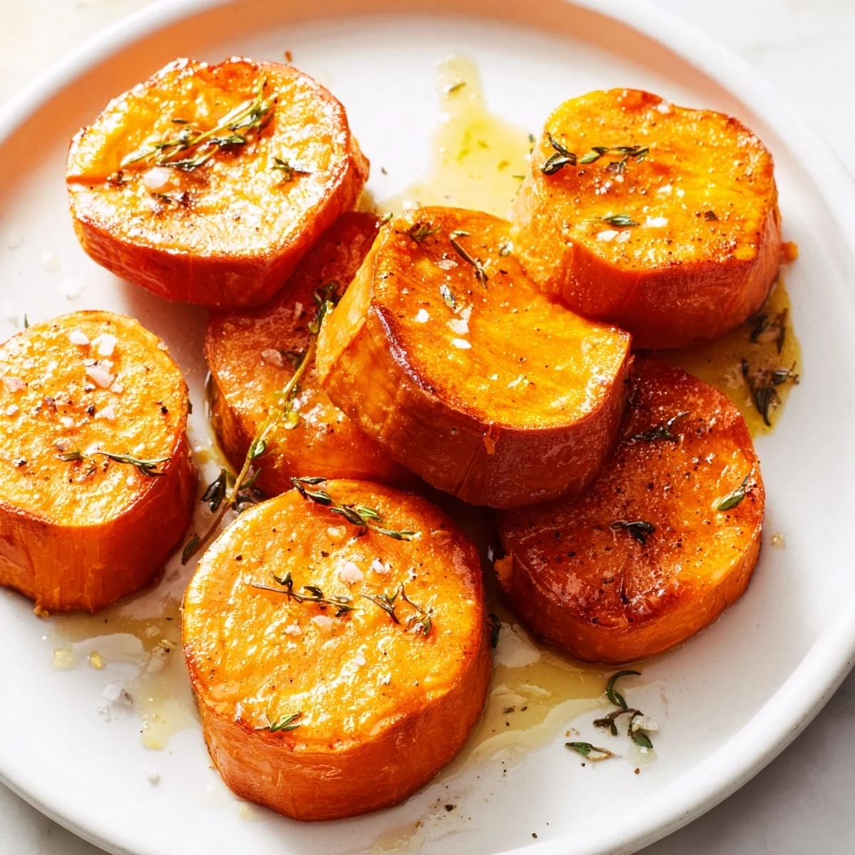 Sheet-pan Honey Drizzled Roasted Sweet Potato Medallions with golden edges, tender centers