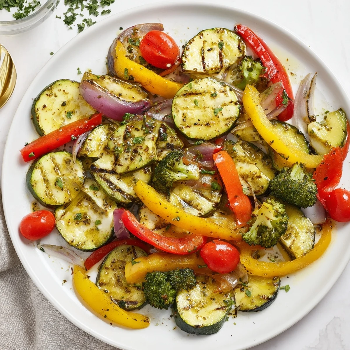 Garlic Infused Olive Oil Sauteed Veggies glistening, aromatic, served warm with parsley