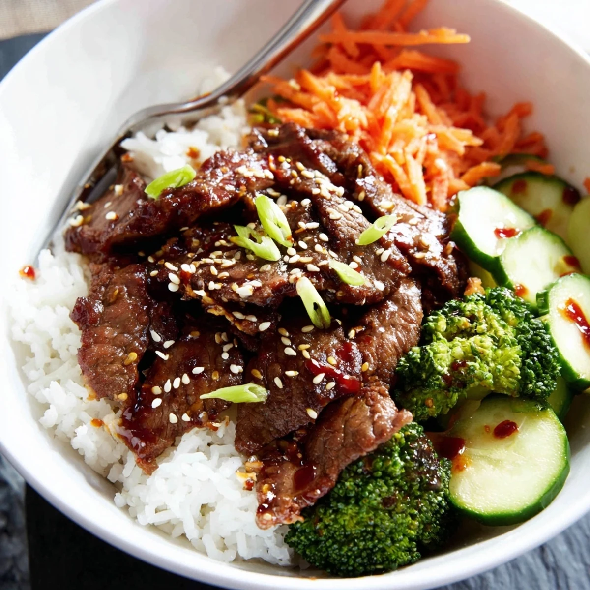 Steaming jasmine rice crowned by Savory Char Siu Beef Rice Bowl with scallions