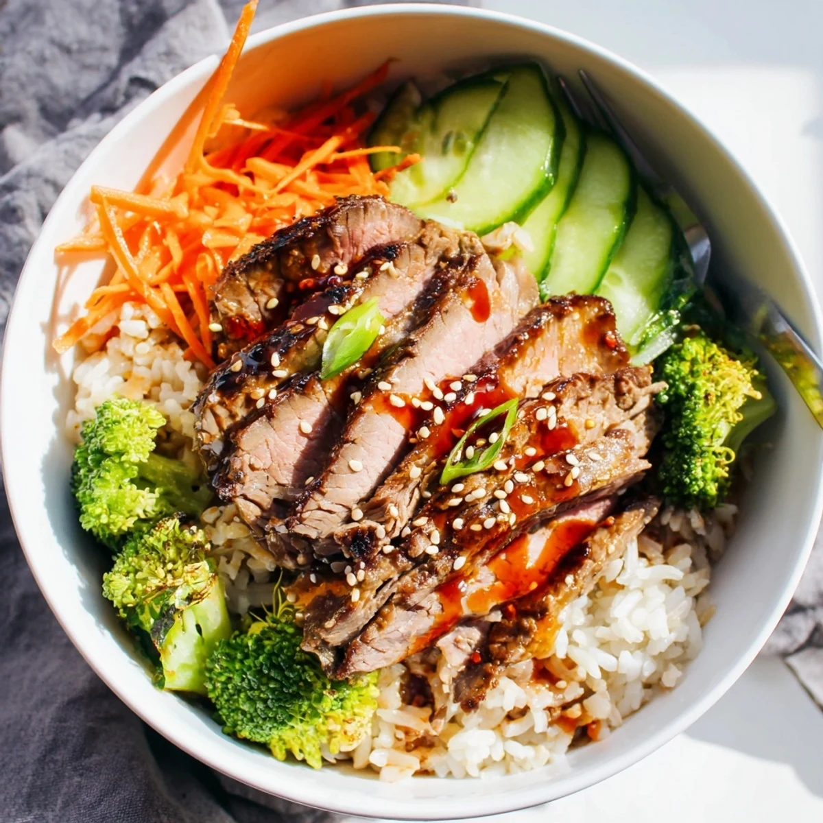 Savory Char Siu Beef Rice Bowl with glossy caramelized beef and steamed broccoli