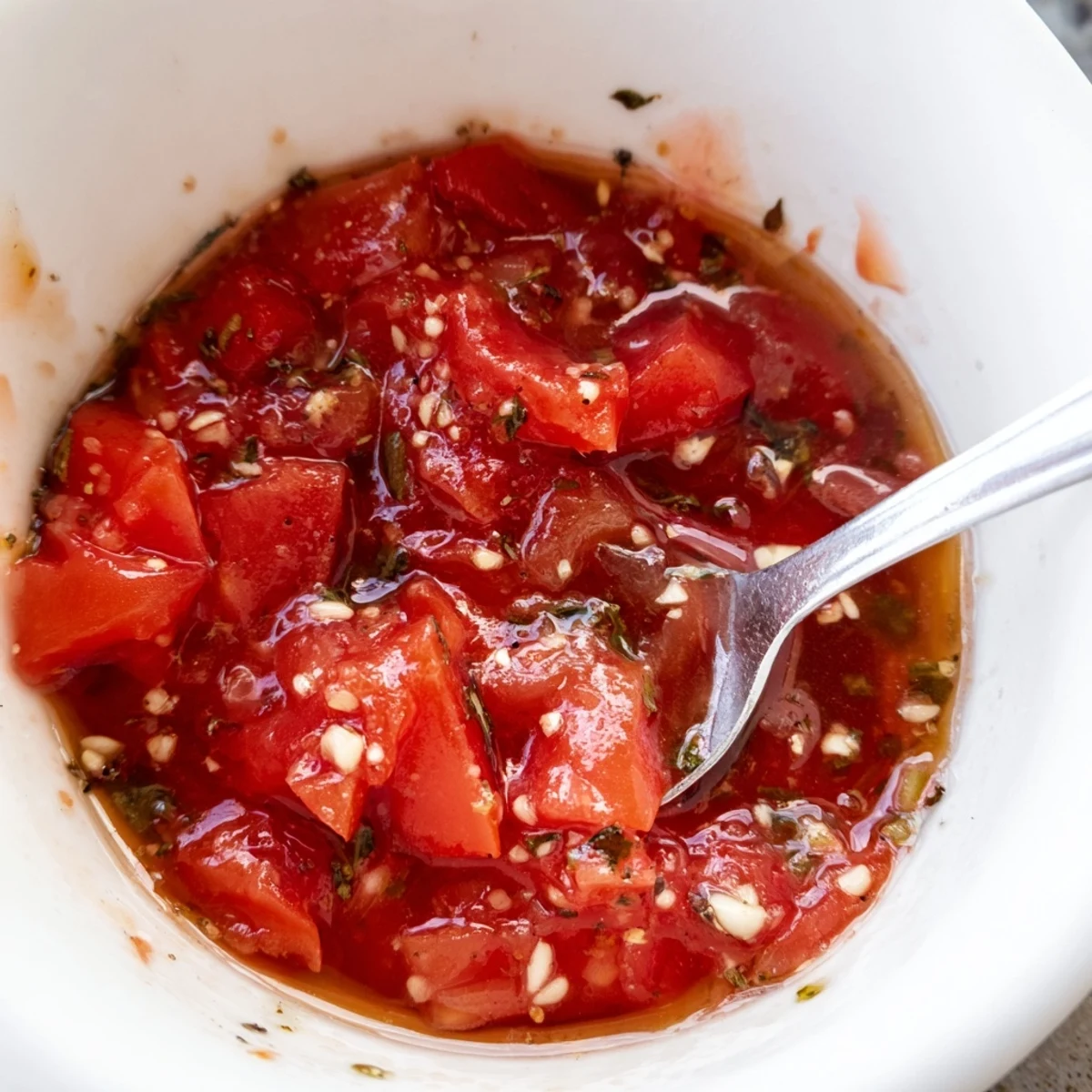 Tomato Basil Vinaigrette glistening in jar, bright, tangy aroma over salad