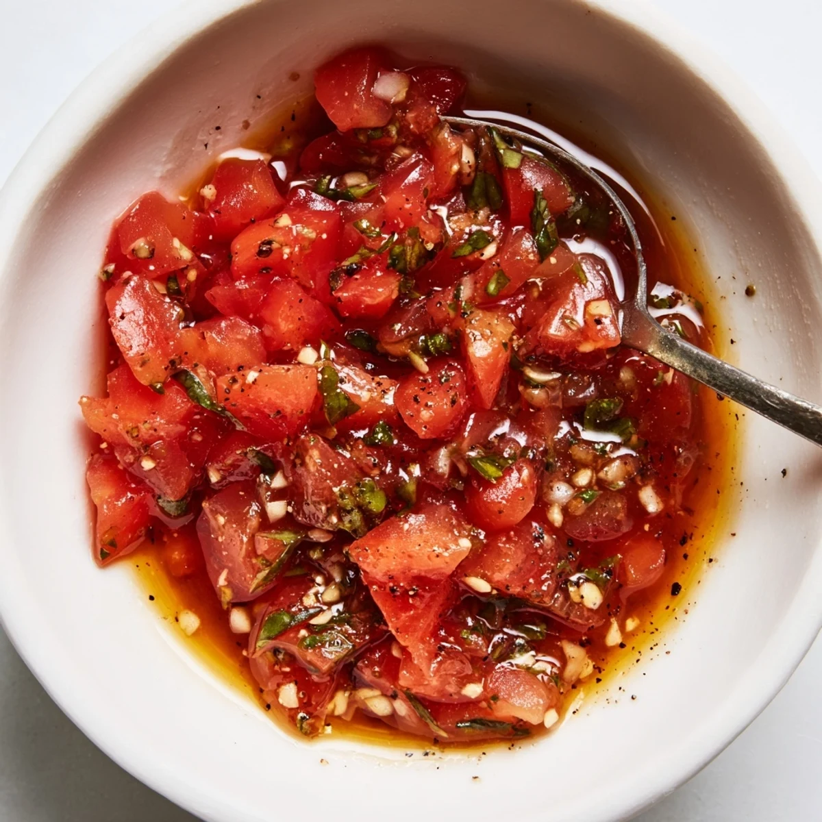 Creamy-smooth Tomato Basil Vinaigrette with garlic bite, ideal for summer salads