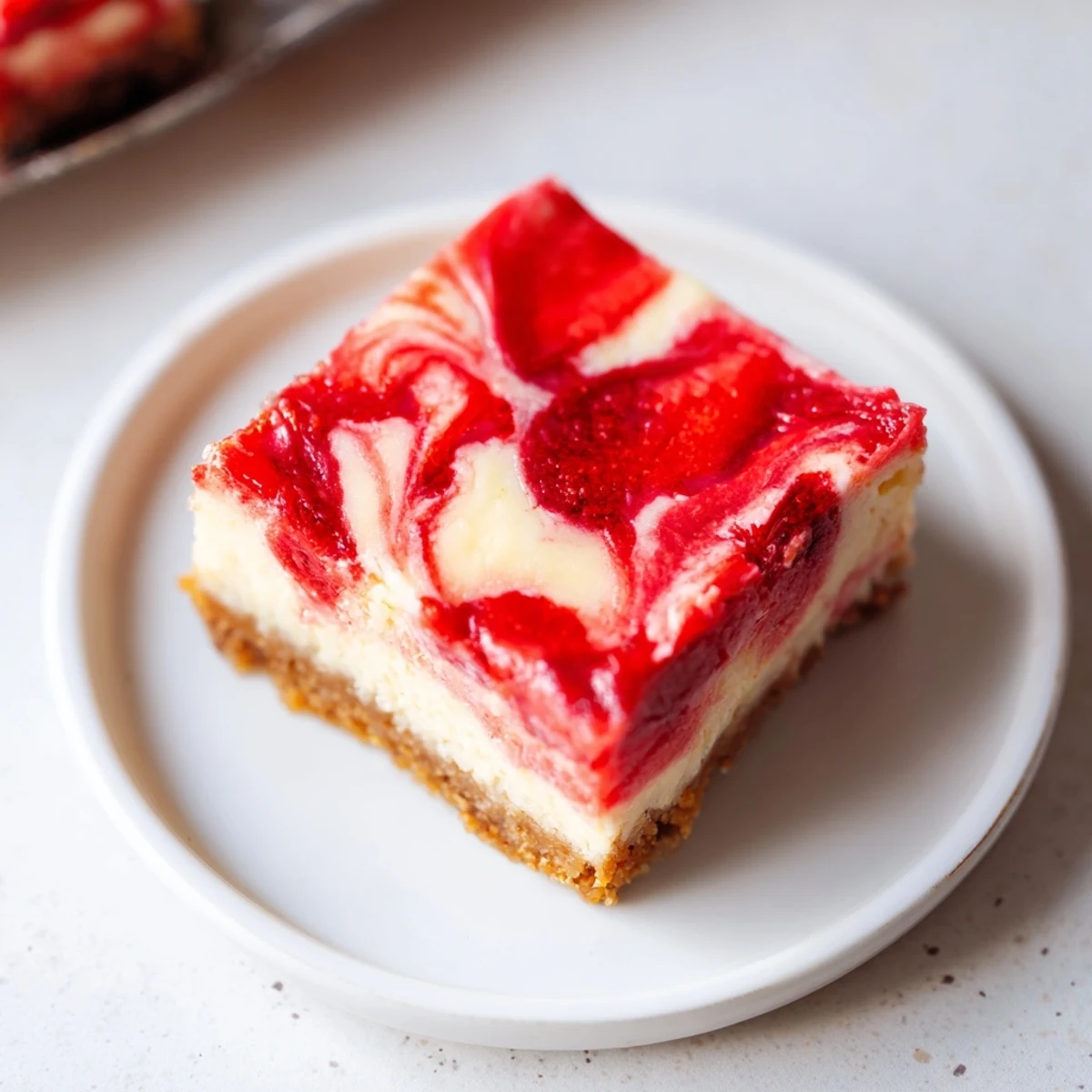 Irresistible Strawberry Swirl Cheesecake Bars with glossy berry swirl and buttery crust
