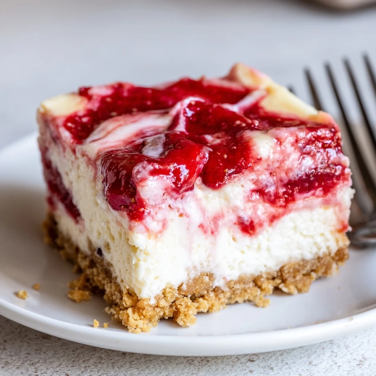Chilled Irresistible Strawberry Swirl Cheesecake Bars resting on parchment, cut into squares