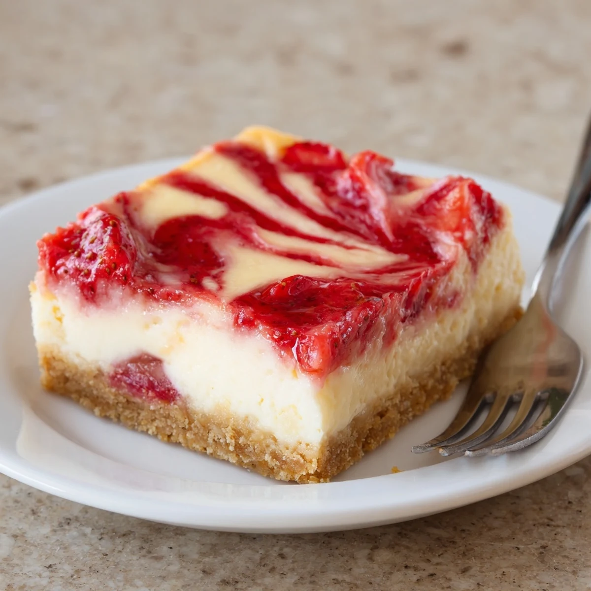 Sliced Irresistible Strawberry Swirl Cheesecake Bars topped with whipped cream and lemon zest