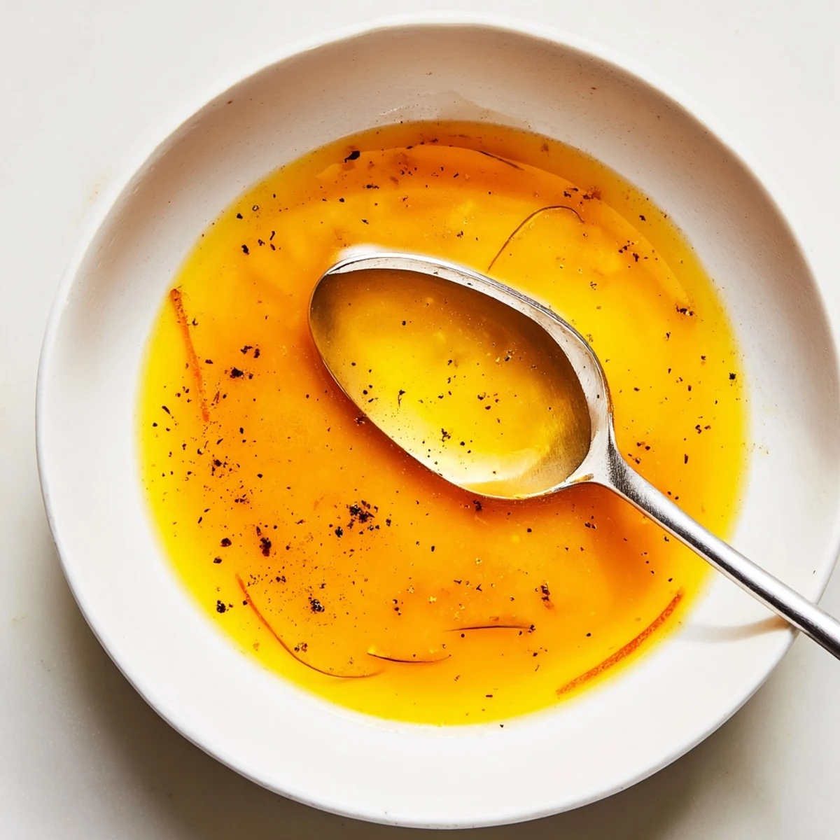 Creamy Orange Vinaigrette drizzled over mixed greens, bright citrus aroma.