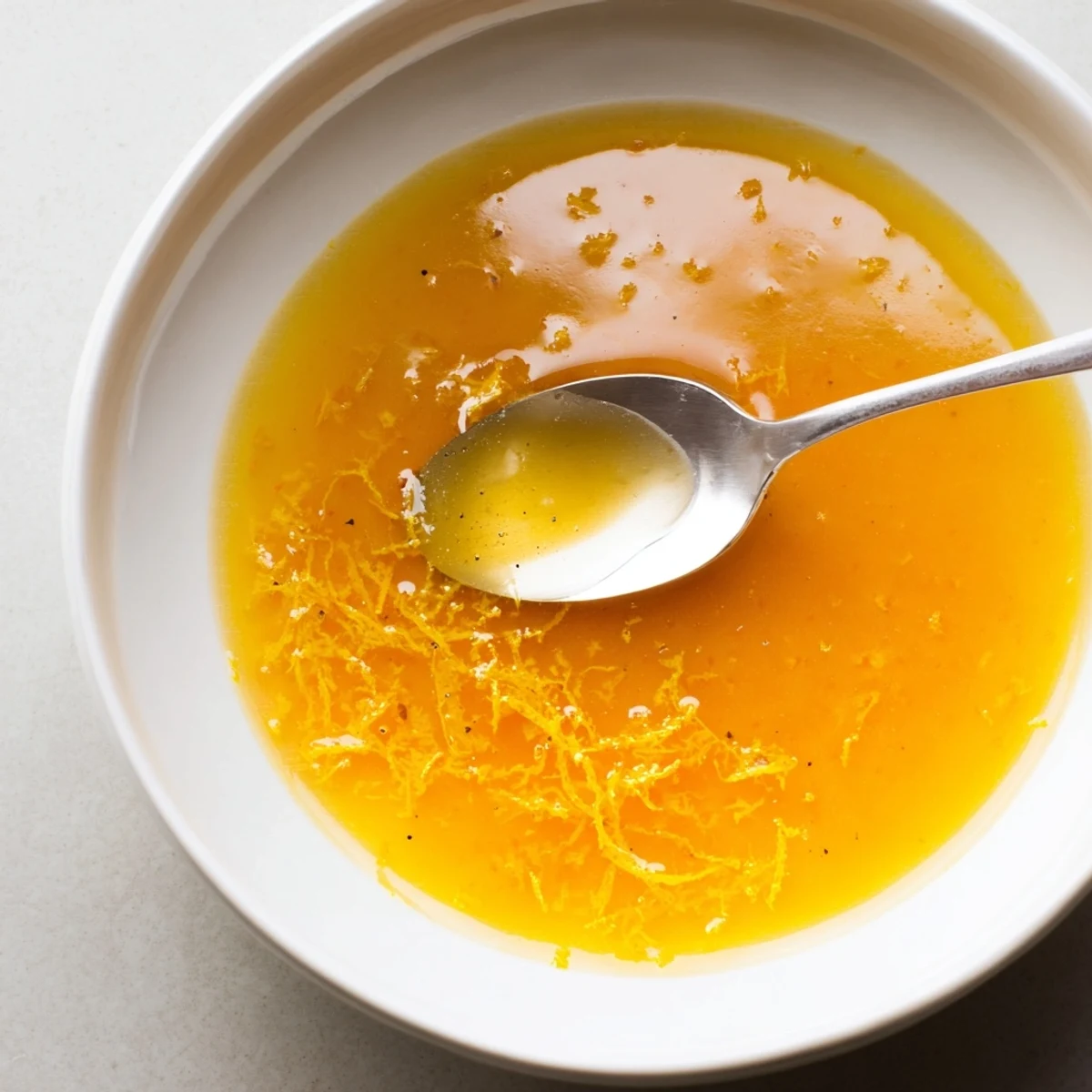 Homemade Orange Vinaigrette in jar, glossy emulsion perfect for grilled asparagus.