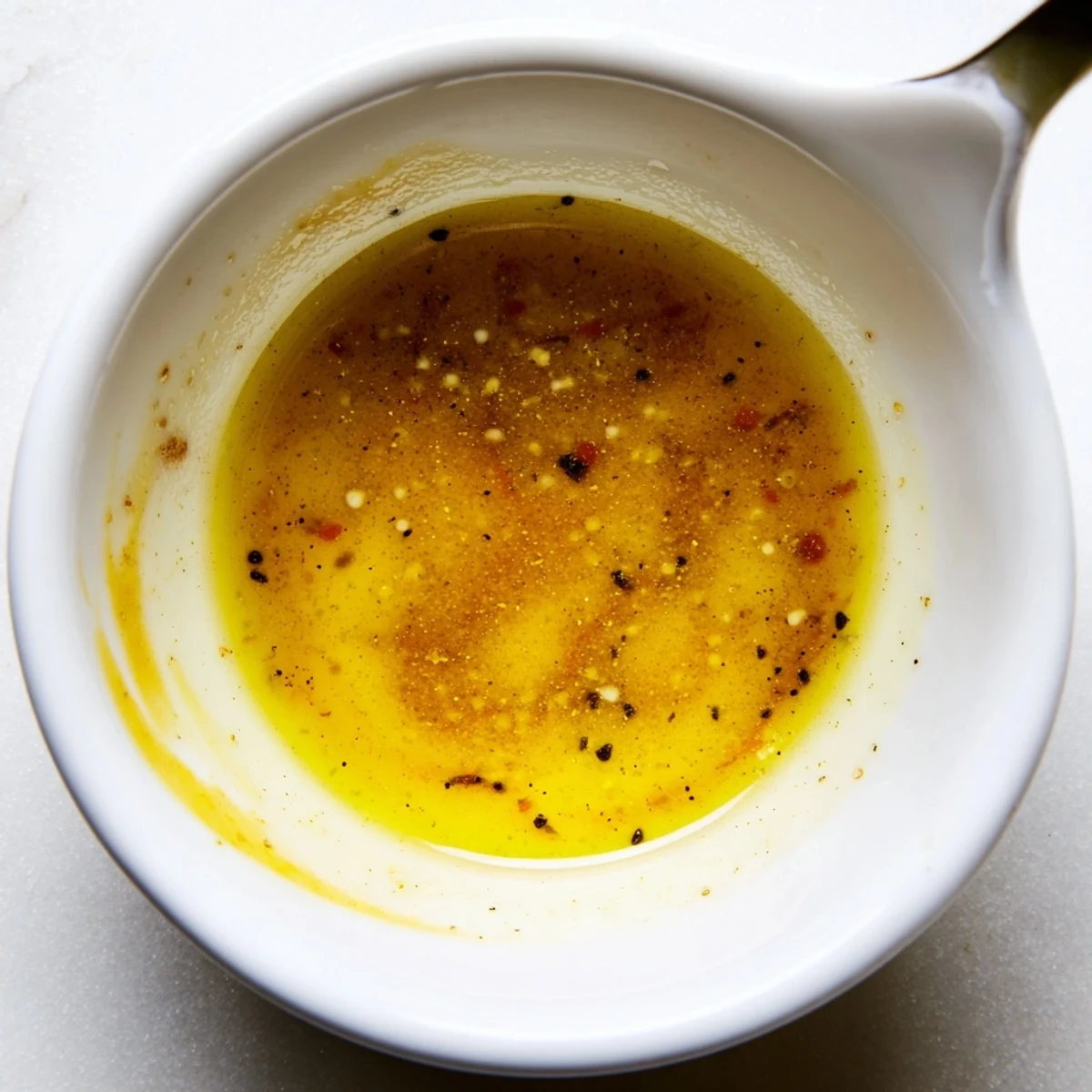 Whisked Honey Mustard Vinaigrette in small bowl, garlic flecks and olive oil sheen