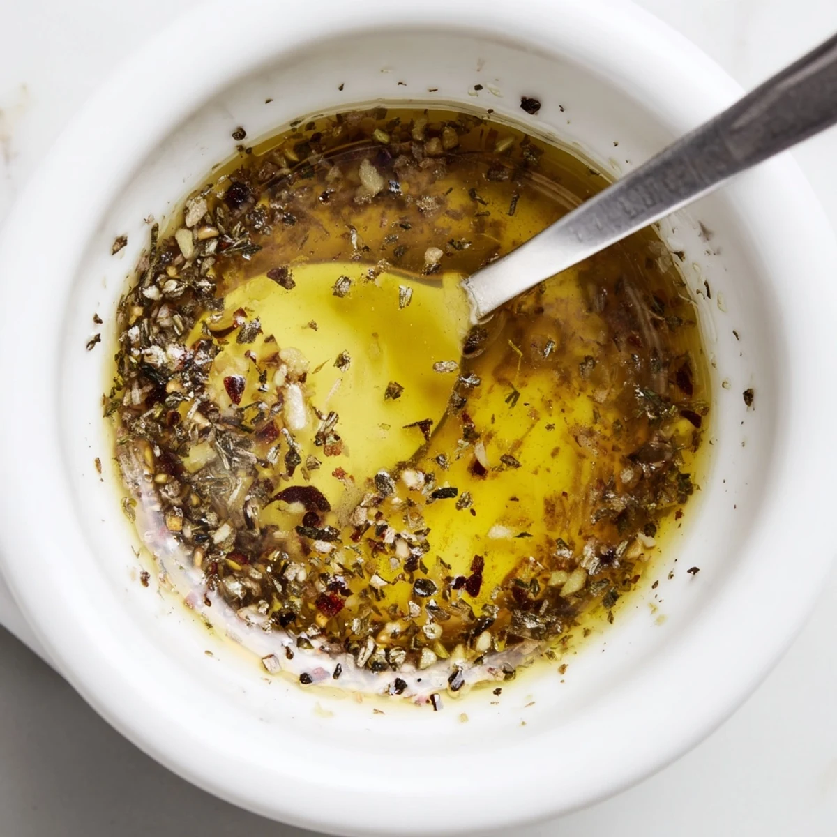 Greek Dressing With Red Wine Vinegar And Dijon shimmering glossy, drizzled over salad