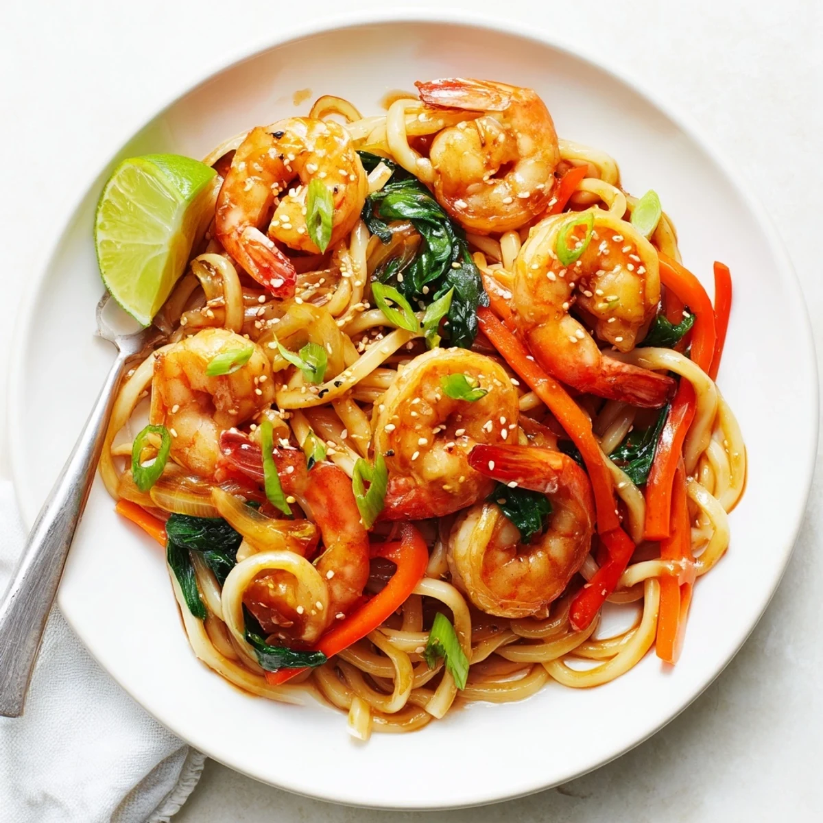 Savory Shrimp Yaki Udon Delight steaming in wok, glossy noodles and sesame.