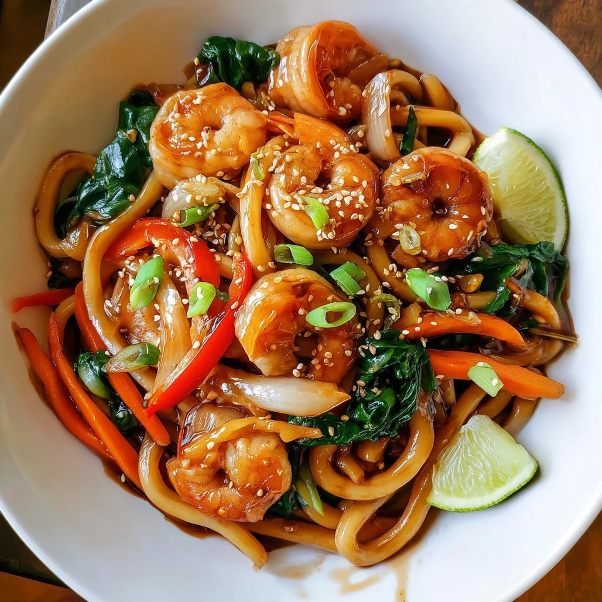 Steamy wok-served noodles: Savory Shrimp Yaki Udon Delight with lime.