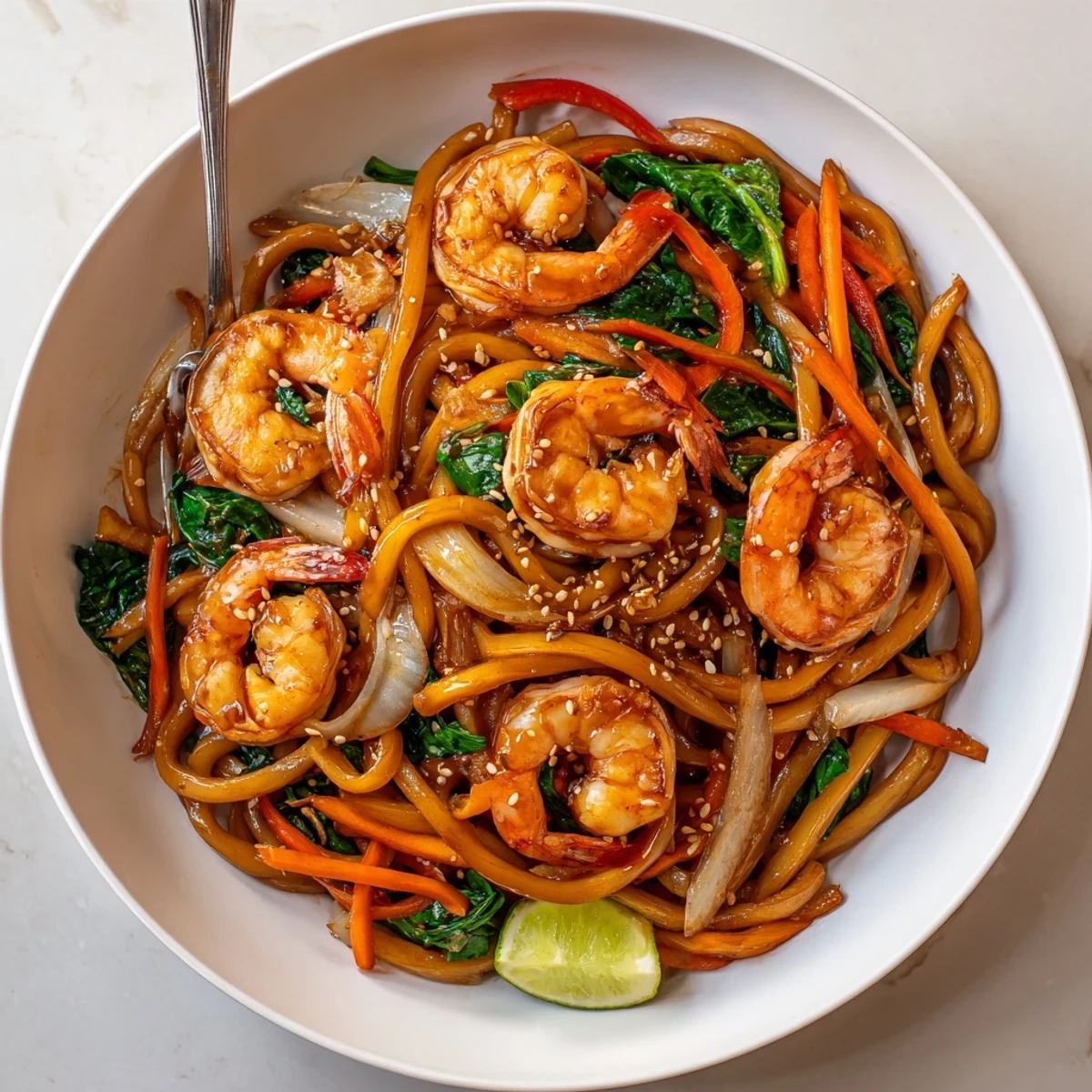 Piled on plate with bright bell pepper and sesame, Savory Shrimp Yaki Udon Delight.