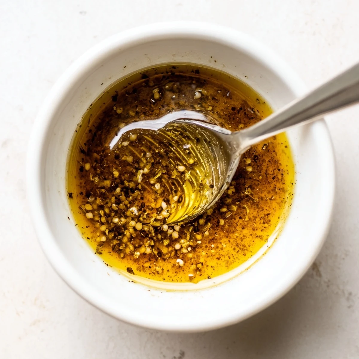 Jar of Homemade Vinaigrette Dressing emulsified, olive oil sheen, ready for salads