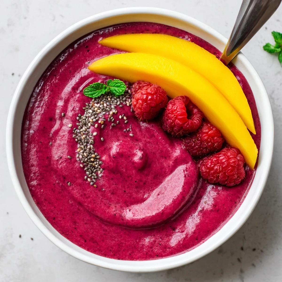 Glass of Vibrant Raspberry Mango Smoothie topped with mint, creamy and chilled