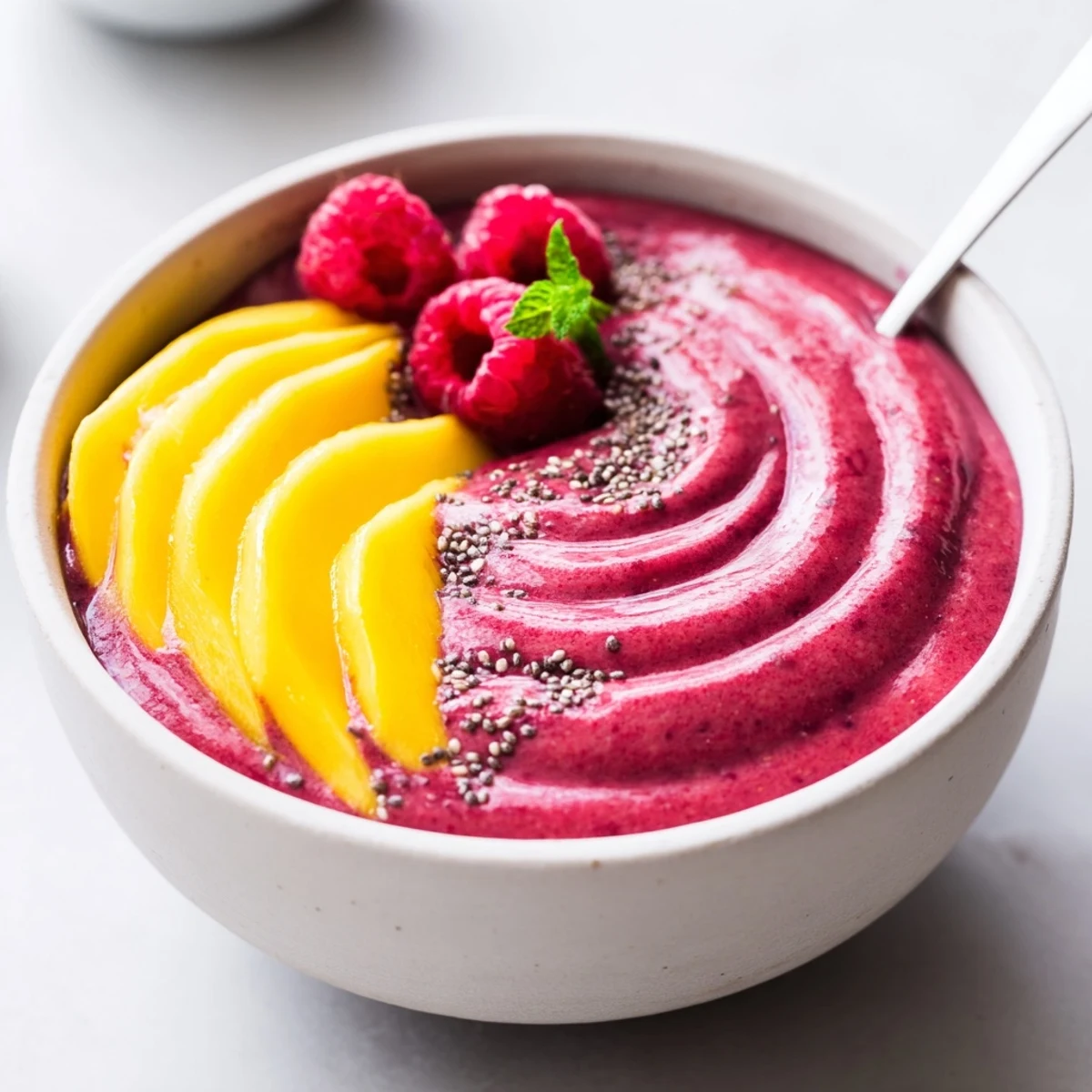 Chilled Vibrant Raspberry Mango Smoothie swirled, tropical mango scent, breakfast-ready